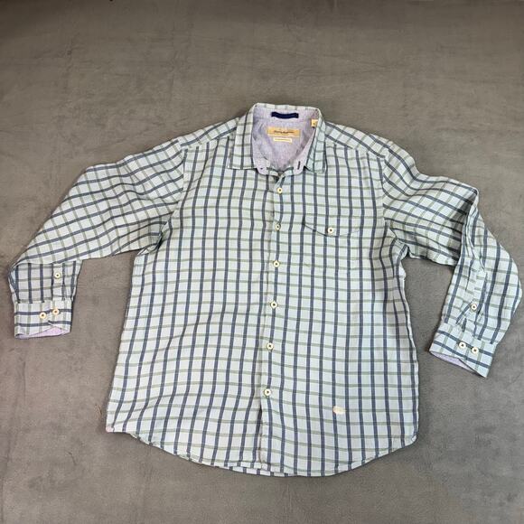 Tommy Bahama Shirt Mens Blue Plaid Linen Island Modern Fit L- Sleeve Button Up L - Picture 1 of 6